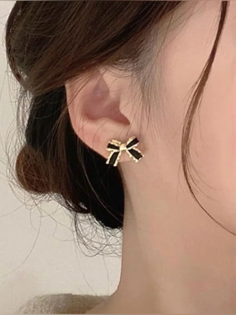 Black Enamel Bow 🖤 Stud Earrings | Gold-Tone Metal Trim NWT
